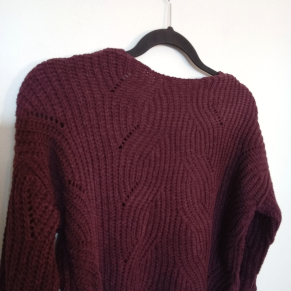 Maroon Chenille V-Neckline Pointelle Knit Sweater - Picture 6 of 9